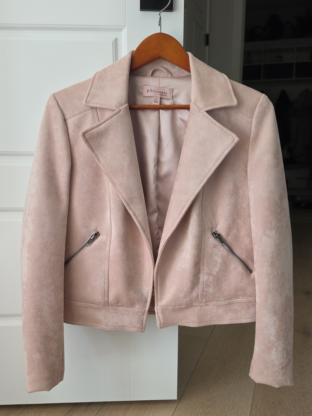 Philosophy Soft Blush Suede Moto Jacket